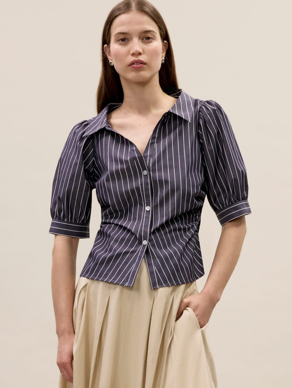 Rebecca Taylor Isla Stripe Poplin Shirt in Navy Stripe - Picture 2 of 8
